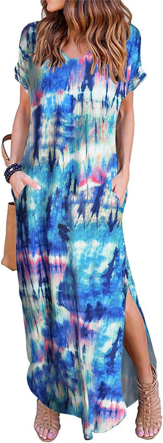 Women Summer Maxi Dress Short Sleeve V Neck Casual Loose Long Split Dresses Beach Vacation Sundress with Pockets