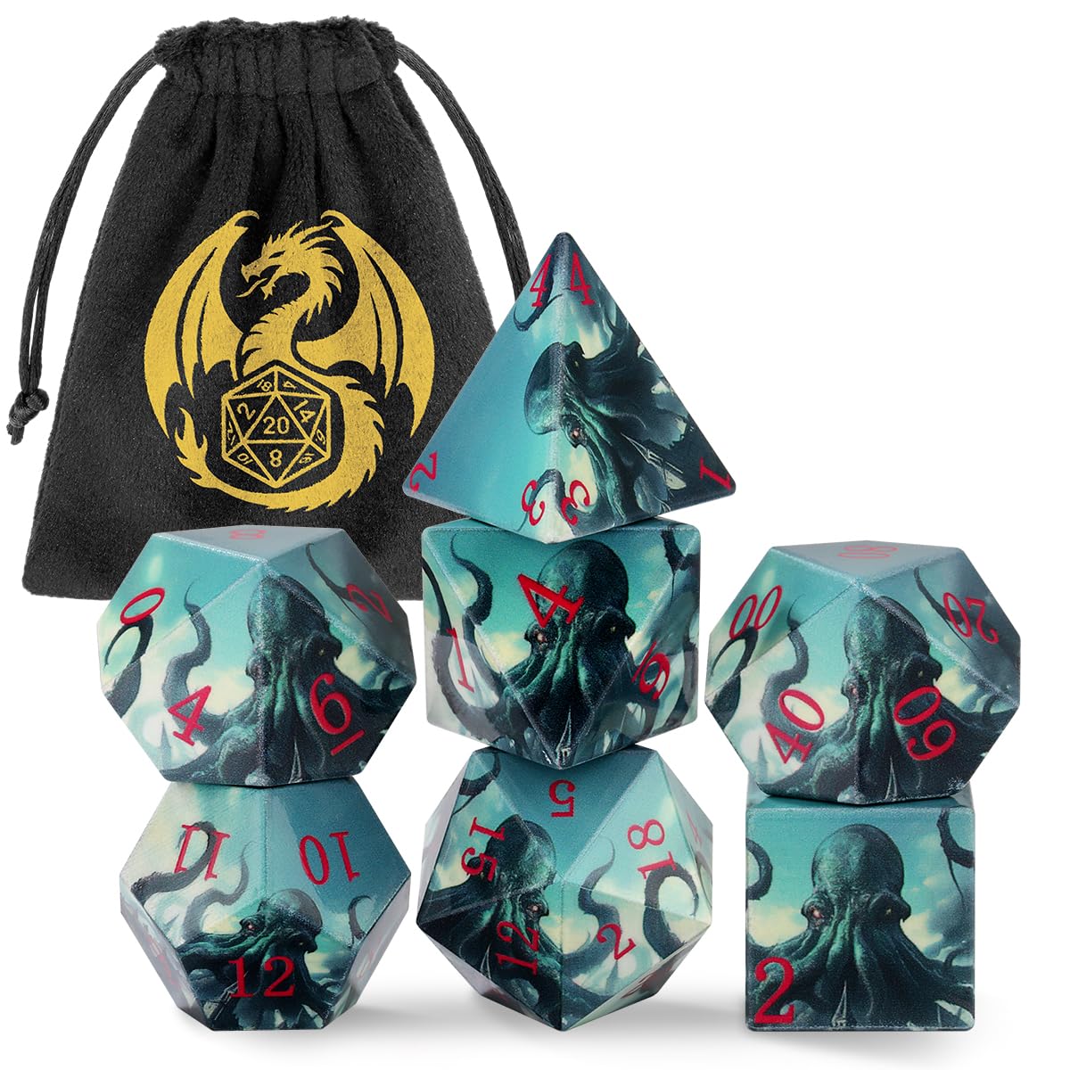 DND Dice Set, Octopus Theme Dice Set, UV Printed, Resin Material, DND Starter Set, 7pcs Polyhedral Dice Set with Dice Bag, Role Playing Board Games Accessories