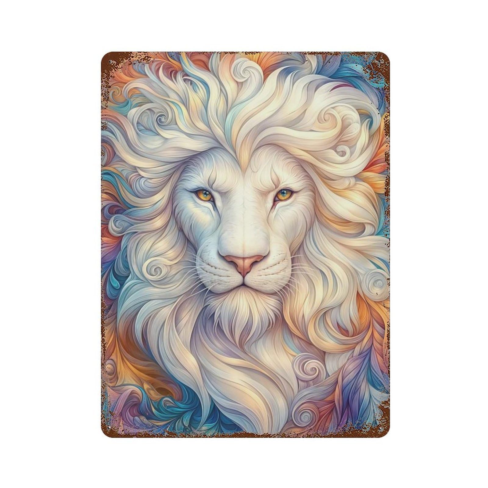 Abstract White Lion Portrait Rust Effect Tin Sign 15.7"x11.8", Industrial Home Decor for Cafe, Home Bar And Lounge Decor