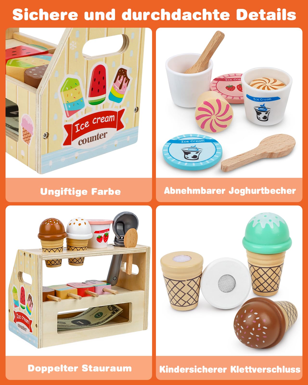 KidMigo Eisdiele Kinder Holz – 36-teiliges Eisladen Spielzeug mit Eisstand, Holz Eisdiele ab 3 Jahre, EIS Spielzeug für Kinder, Kaufladen Zubehör Kinderküche