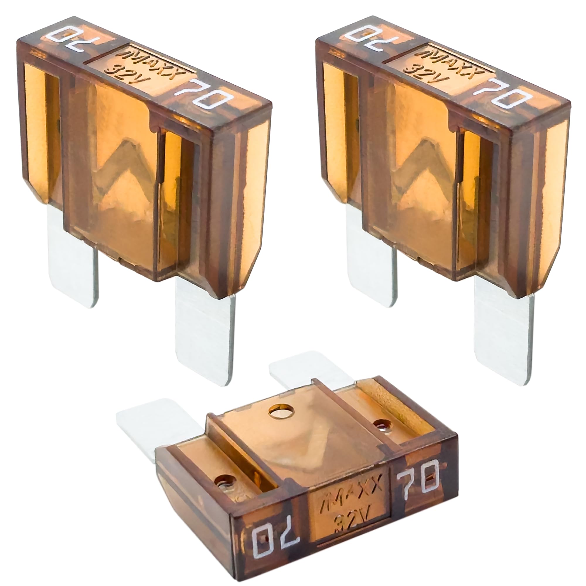 Tecside 70A KFZ Maxi Sicherungen | 3 Stück | 29mm Stecksicherungen für Stromdieb & Sicherungshalter 12V 24V 32V Flachsicherungen für Auto, Boot, Motorrad & Wohnmobil | iMaXX maxiOTO F9070 Braun