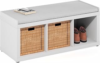 Furinno 3-Cube Cubicle Storage Bench with Padded Seat - Shoe Organizer Entryway Bench for Closet & Living Room, White