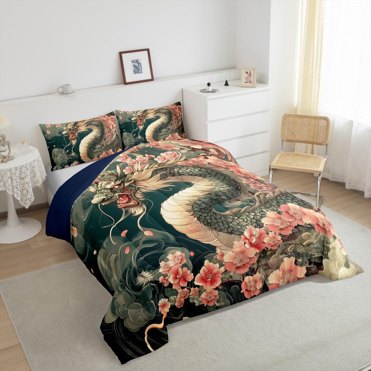 Erosebridal Dragon Queen Bedding Set Japanese Style Down Comforter Magical Animal Floral Comforter Set for Youth Teens Adult Chinese Heritage Historical Quilt for Bedroom with 2 Pillow Cases