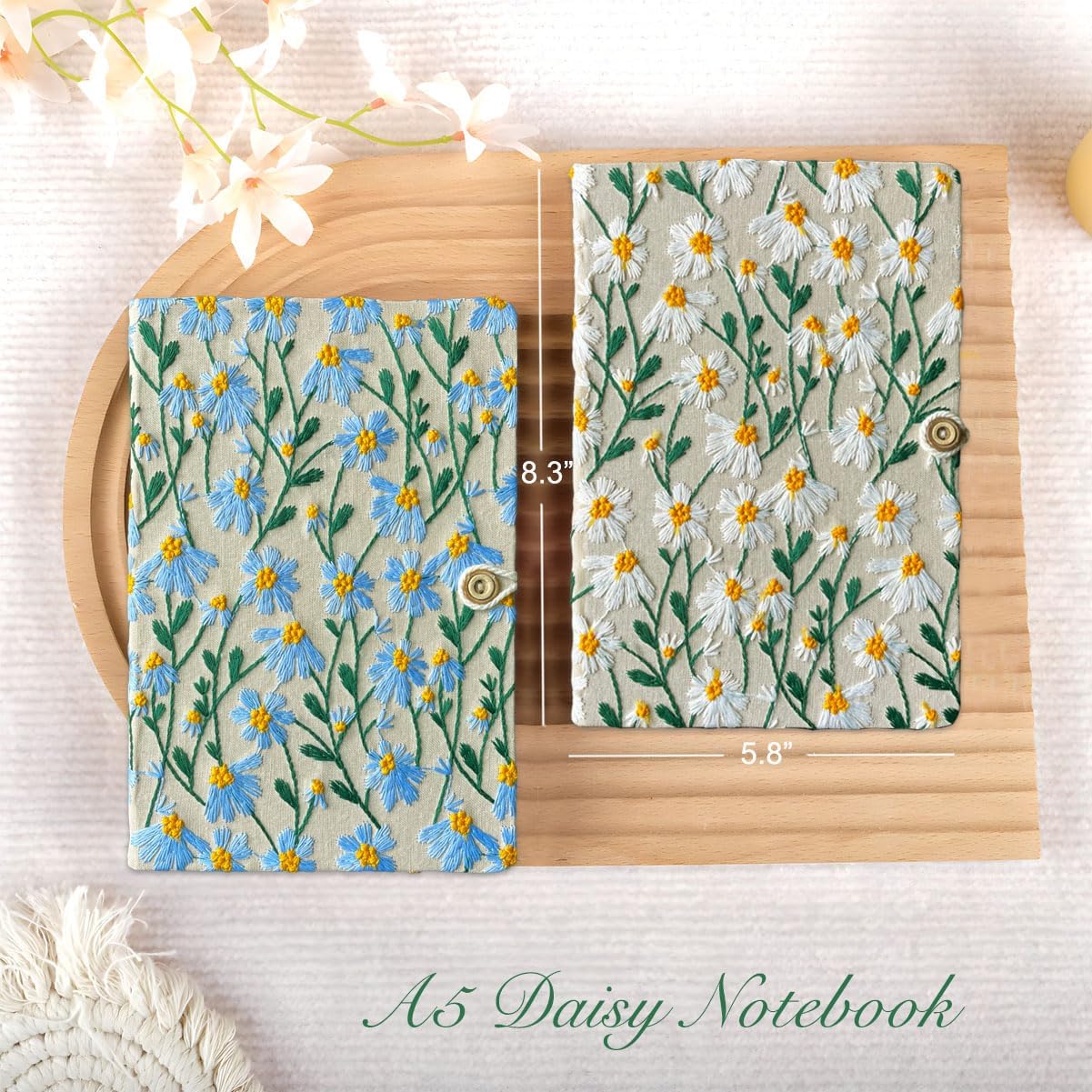 Grid Notebook, Graphing Notebook, Hardcover, Lay Flat, A5, 8"x6", Squared Paper, Embroidered Journal, Floral Notebook, Cute Journal for Women, Personal Journal, Daisy Gifts, White