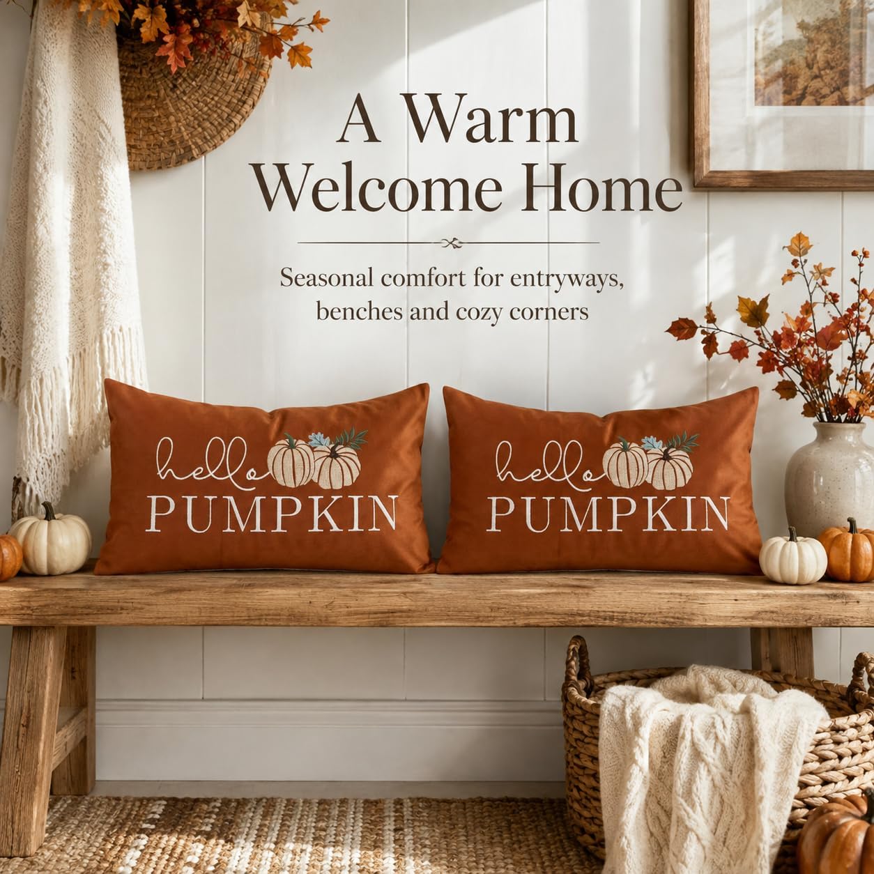 Orange Set of 2 Embroidered Fall Throw Pillow Covers,12x20 Inch image 5