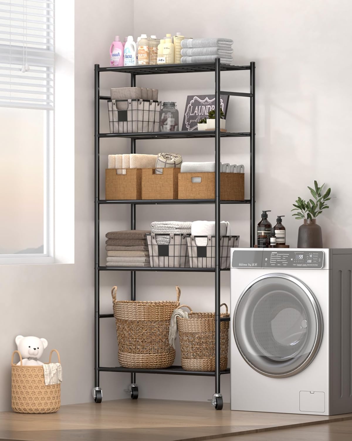 Sakugi Storage Shelves Organizer - 5 Tier Metal Shelf Organizer with Metal Wheels and Adjustable Leveling Feet, Heavy Duty Garage Shelving for Kitchen, Pantry and Closet, 33.1x12.6x73.5, Black