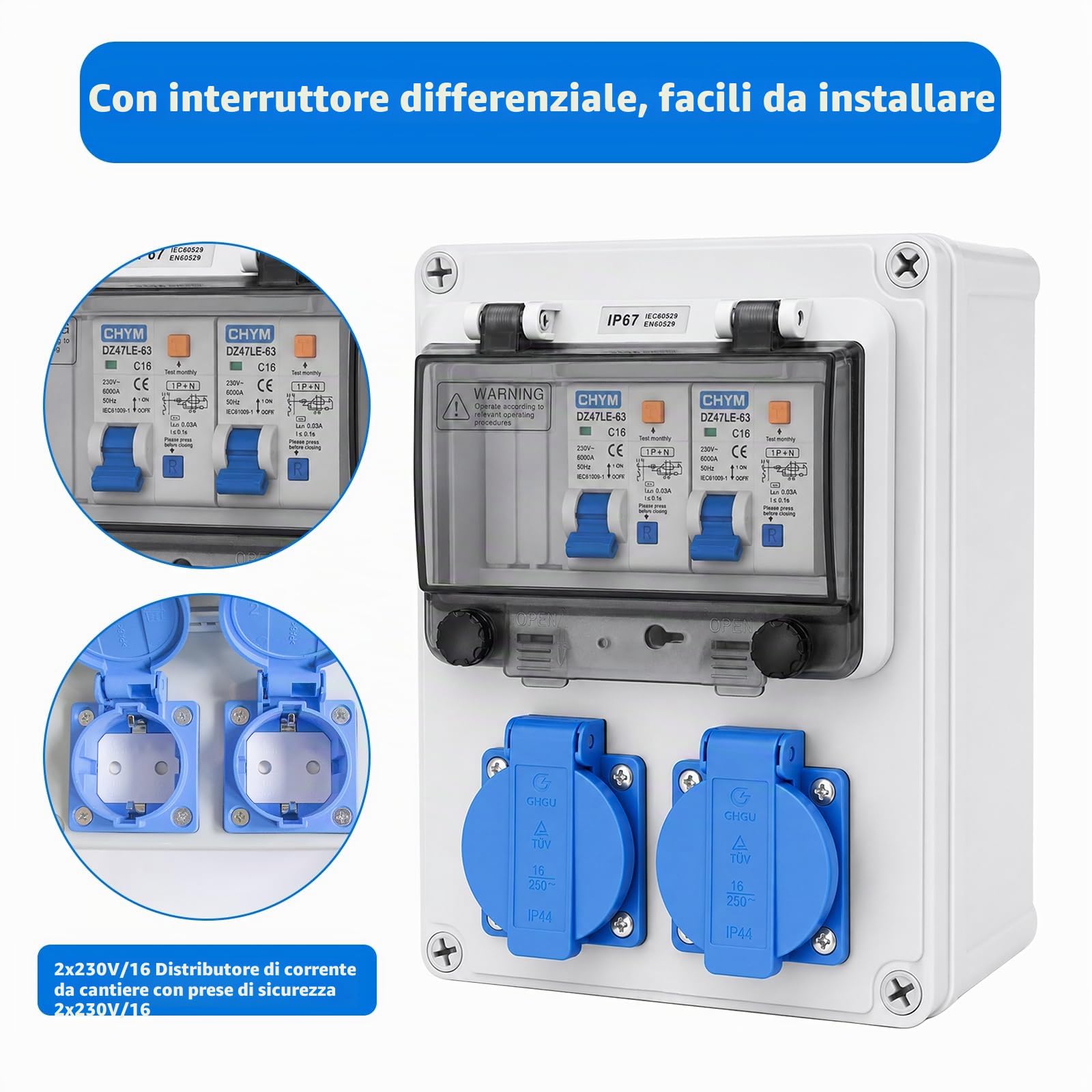 Distributore di corrente da 16 A, distributore a parete con interruttore automatico C16A e interruttore differenziale 25A, IP44, per uso interno ed esterno nei cantieri (2x16a 230V, LS+FI)