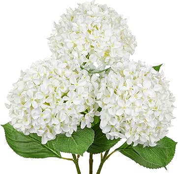 3PCS Artificial Hydrangea Flowers 26.3" Long Stem White Hydrangea Artificial Flowers Realistic Faux Hydrangeas with 6.6" Large Bloom Fake Silk Flower for Home Wedding Table Centerpiece Decor