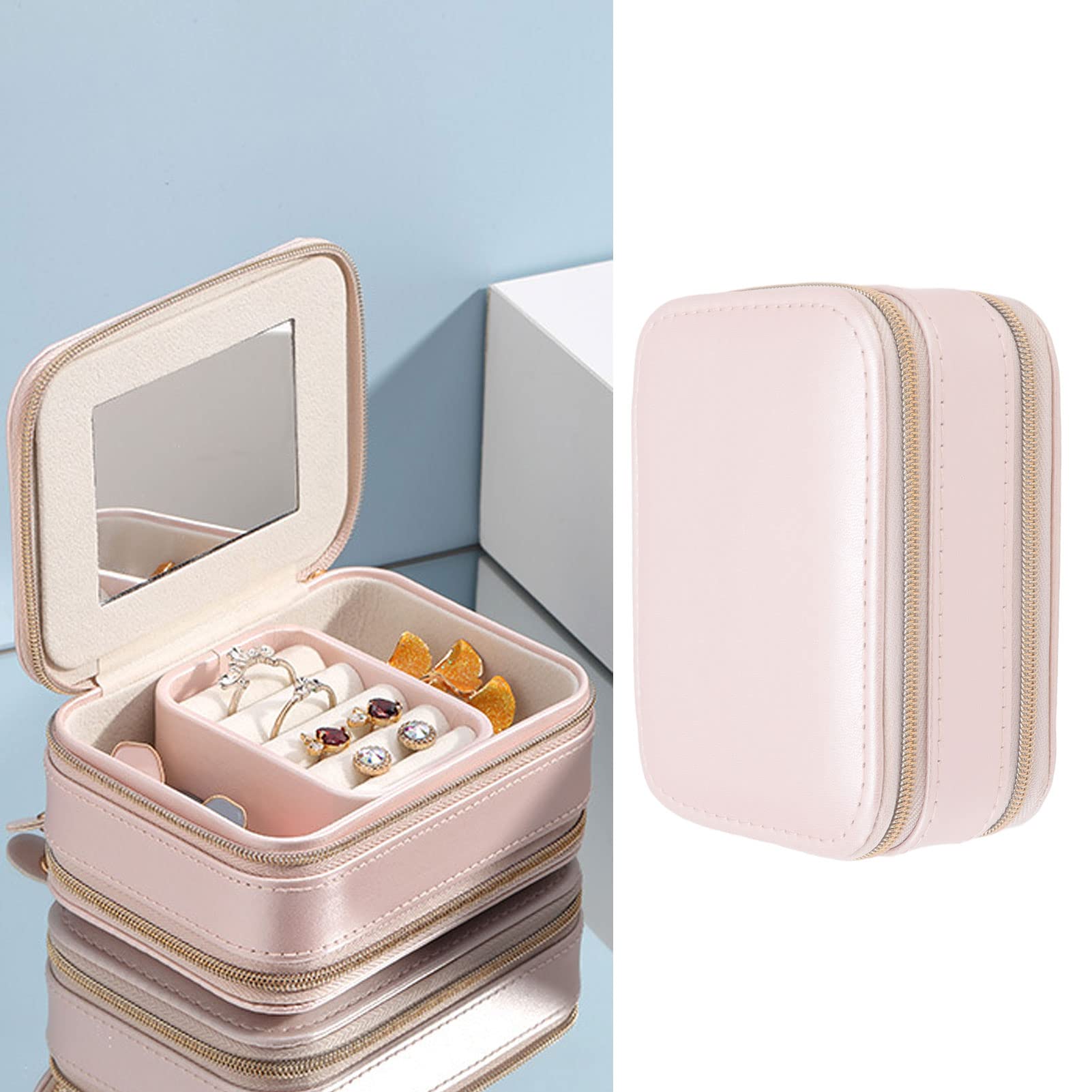 MINGZHE Jewelry Box Storage Case for Earrings Jewelry Case Double Layer Portable Pink Necklace Hook Design Convenient Handle Travel Jewelry Box