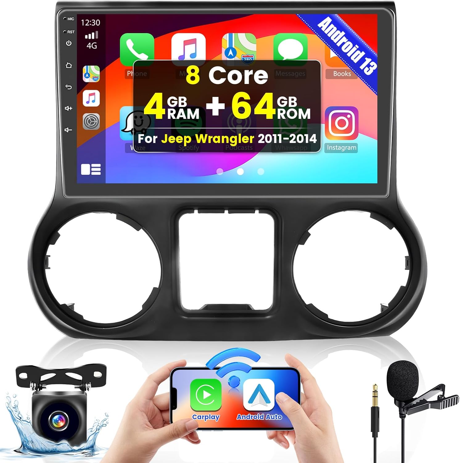 [8-core 4+64gb] hikity android 13 car stereo for jeep wrangler 2011-2014 with wireless carplay android auto, 10.1" touchscreen carplay radio with gps wifi bluetooth swc backup camera mic