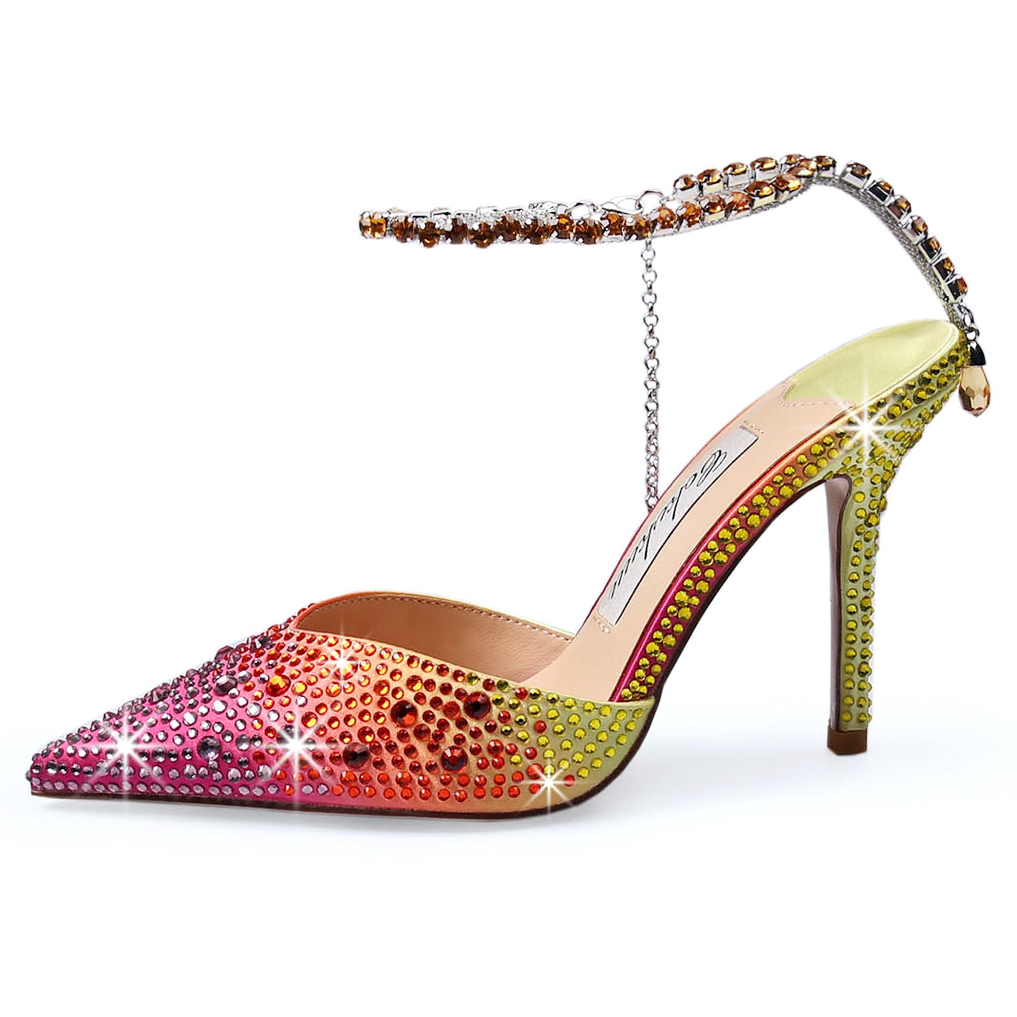 CokvkuuWomen's Heeled Sandals Crystal Chain Ankle Straps Rhinestones Buckle High Heels Stiletto Slip On Wedding Party Satin Dress Shoes 3.9 IN