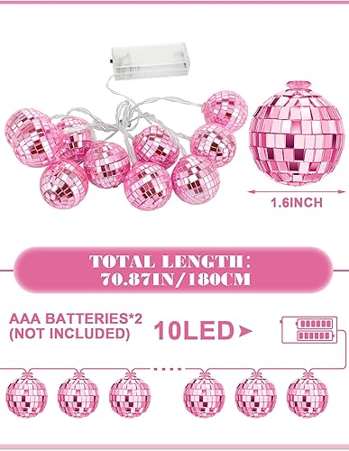 Vista 23 de BBTO Tira de luces LED de bola de discoteca con pilas, adornos para exteriores, patio, porche, 70, 80, suministros de fiesta de discoteca
