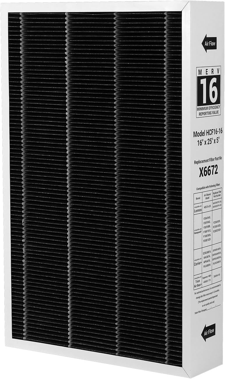 2pack x6672 16x25x5 air filter merv16 compatible with lennox x6672 and lennox hcc16-28 healthy climate carbon clean home furnace filter for hvac system, size: 24.69 * 15.79 * 4.33 in