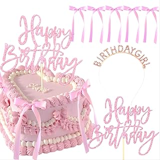 Pink Bow Birthday Decorations, TyotrbsCoquette Cake Topper Pink Bows For Cake with Rosa Gold Birthdaygirl Headband for Vintage, Ribbon, Coquette Themed Party