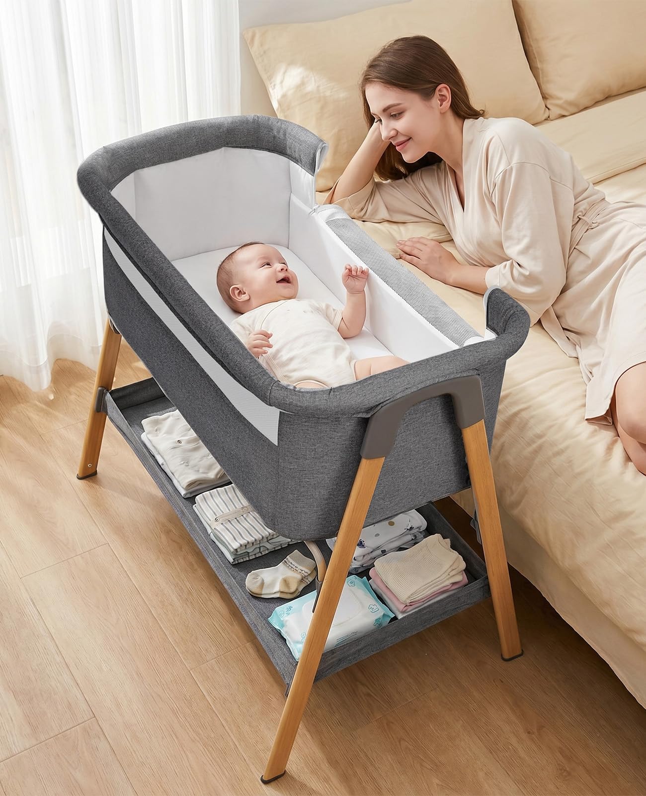 UBRAVOO Beistellbett Baby 2-in-1, Babybett & Baby Wiege für Neugeborene – mit Aufbewahrungskorb & Weicher Matratze (Grau)