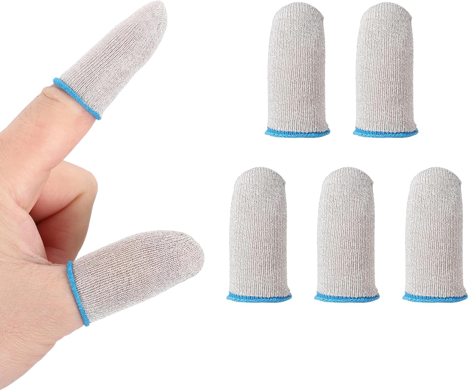 PATIKIL Controller Finger Thumb Sleeve, 5 Pack Mobile Gaming Finger Sleeve Silver Fiber Tip Gloves Anti-Sweat Breathable for Touchscreen Devices Phone Game, White/Blue