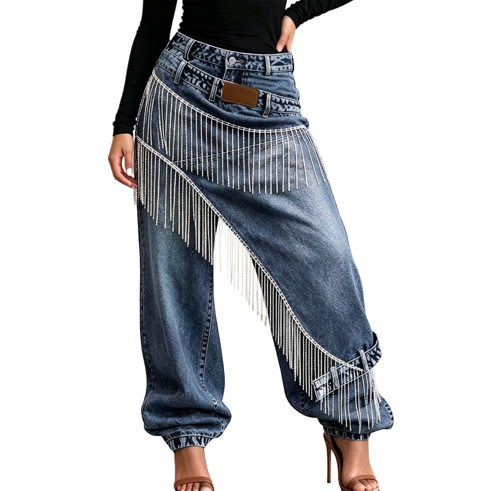 Genérico Baggy Jeans,Elegantes Jeans Apilables De Talle Alto para Un Ajuste Moderno Mezclilla Desgastada con Patchwork