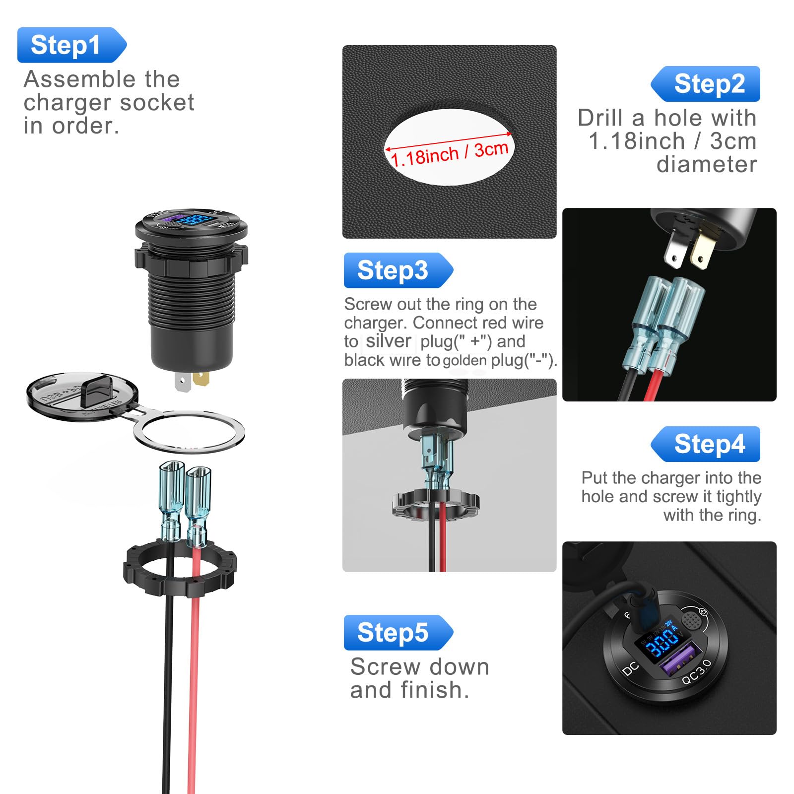 Toma USB 12V Cargador Coche de Aluminio PD65W Puerto USB de Coche para Portátiles, Puerto U-S-B Quick Charge 3.0, Enchufe Boost Incorporado Impermeable con Voltímetro e Interruptor para RV
