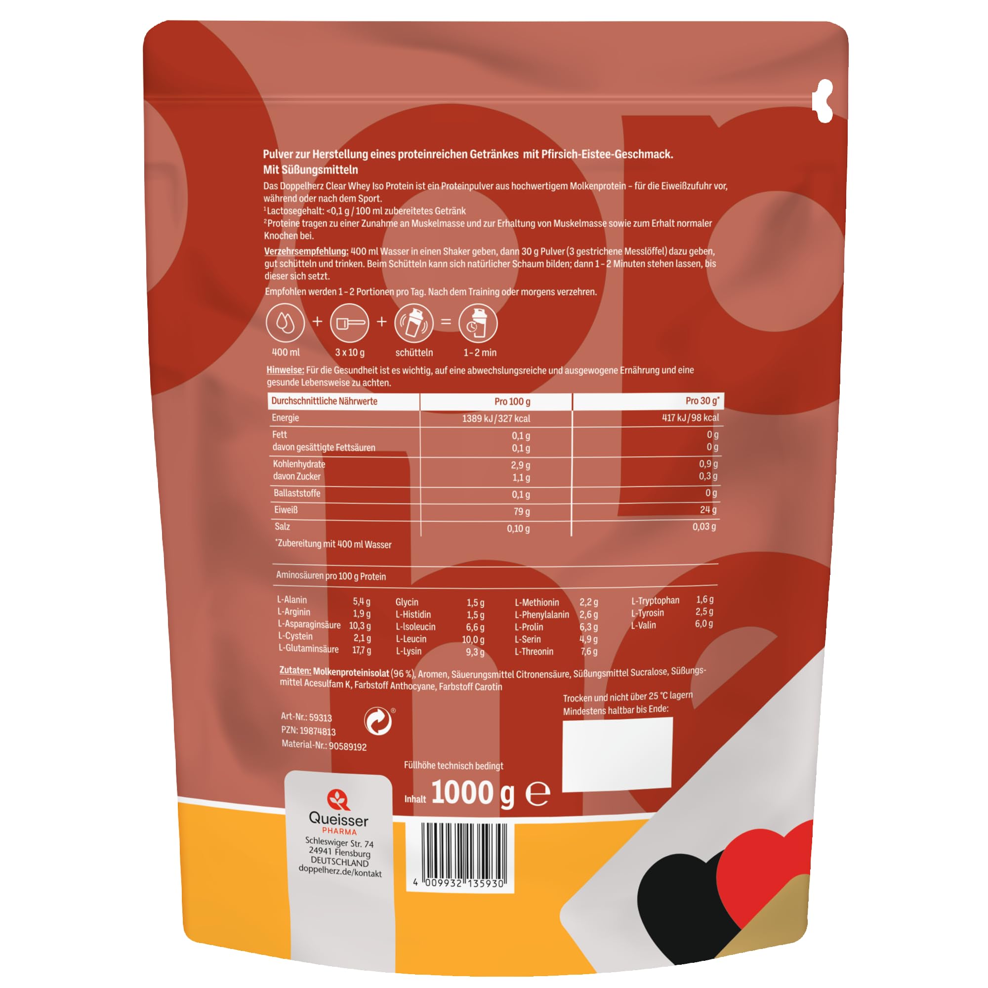 Doppelherz CLEAR WHEY ISO PROTEIN – Erfrischendes Molkenproteinisolat mit Pfirsich-Eistee Geschmack 1000g
