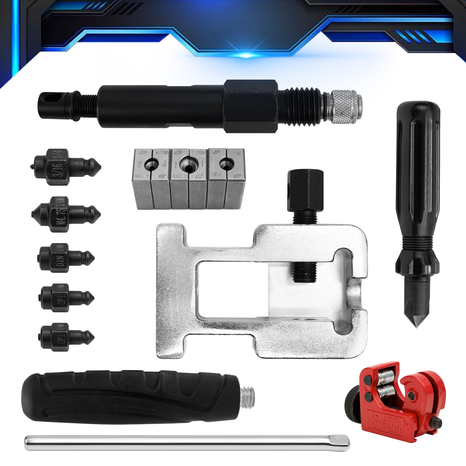 JAOGAUS Outil à Évaser Hydraulique pour Tuyaux de Frein, Kit Mobile d'Évasement pour Évasement Double et Convexe SAE/DIN, avec Coffret de Rangement et 18 Accessoires