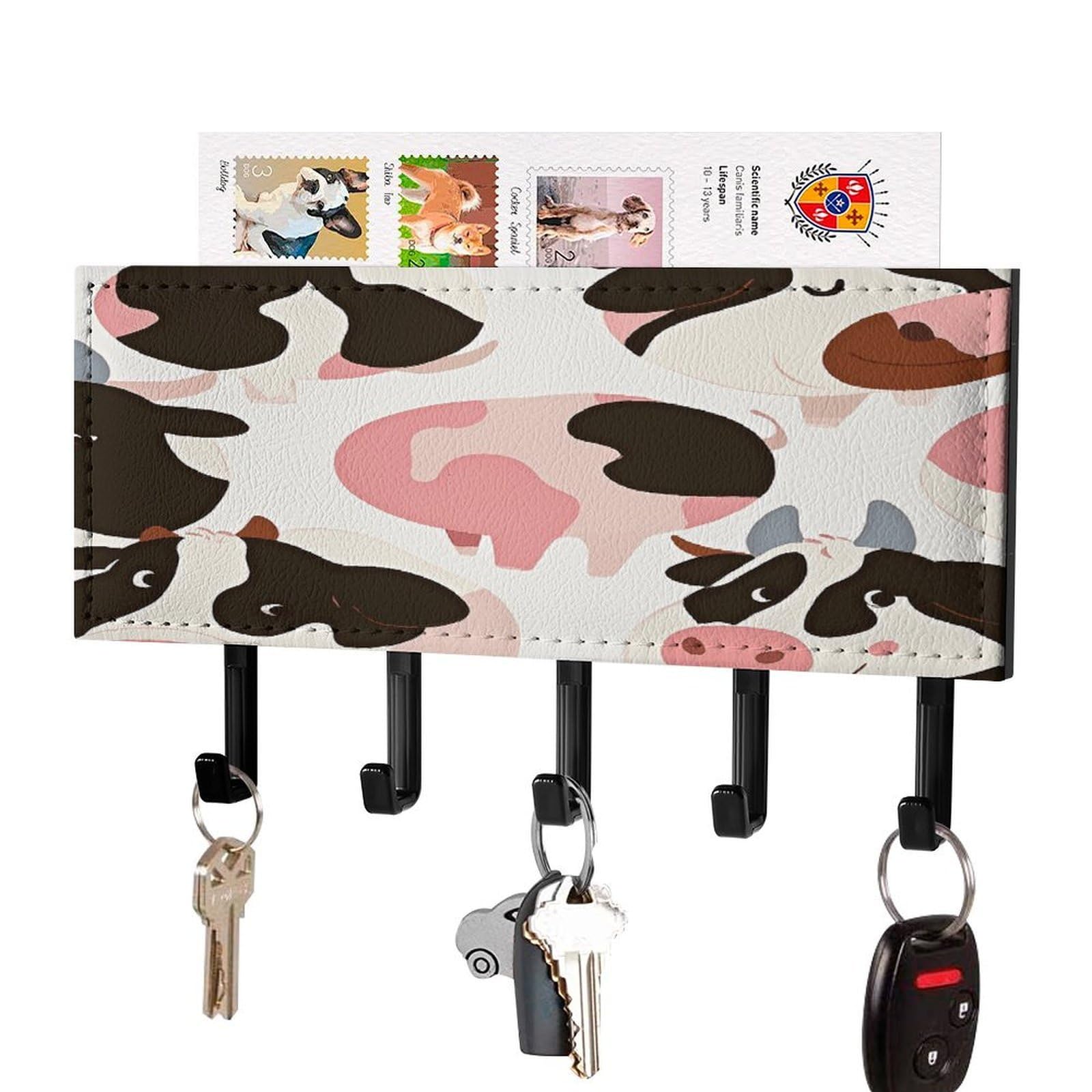 FekiLoot Cow Pattern Key Holder Wall Mount Key Hanger with 5 Hooks Decorative Key Rack Hanging Key Hooks with Mail Organizer Key Holder for Wall Living Room Kitchen Bathroom Hallway Black