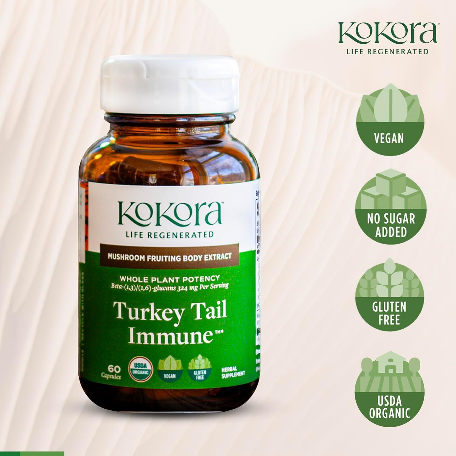 kokora Turkey Tail Immune - Organic Adaptogenic Mushroom Supplement for Immune Health & Wellness* - Turkey Tail with Beta Glucans and Ashwagandha - Vegan, Non-GMO - 60 Capsules - 30 Servings