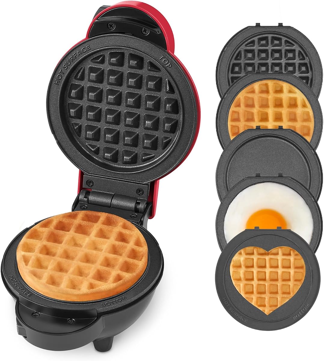 MultiMaker Mini Waffle Maker, Removable Waffle & Griddle Plates, Red | Mini Pancake Maker for Kids; Interchangeable Plates Cook Pancakes, Eggs, Snacks, and Fun Heart Shaped Mini Waffles