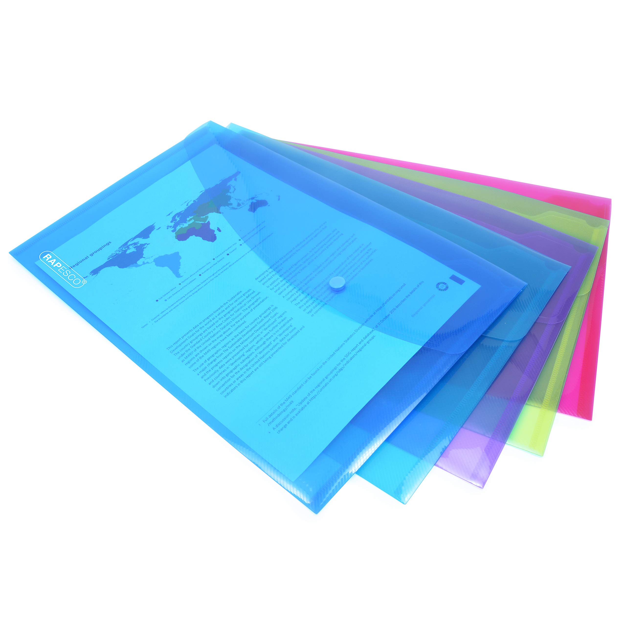 Rapesco 0688 ECO Recycelte Dokumentenmappe mit Druckknopf, A4+, Sortierte Transparente Farben, 5 Stück