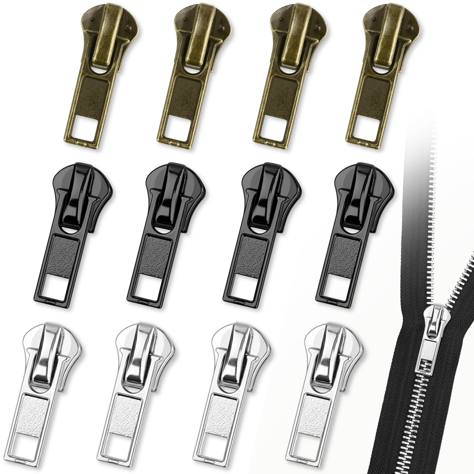 JAXICREY 12Pcs Zip Repair Kit, #5 Zipper Repair Kit, Metal Replacement Zip Fixer, Removable Replacement Zipper Slider No Sewing, Instant Zips Extension & Fixing for Jackets, Coat, Backpacks, Suitcase