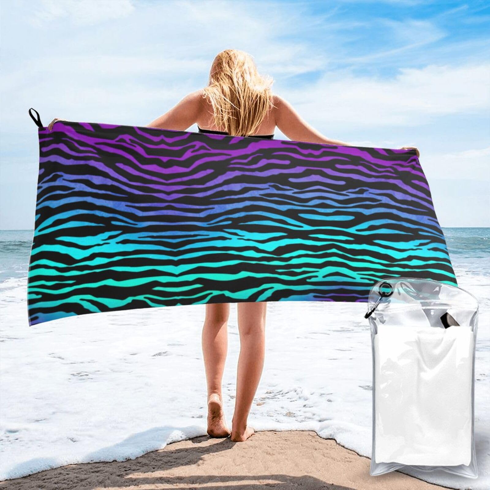 WYCZHY Purple Blue Green Camouflage Zebra Stripes Print Beach Towel Soft Quick Dry For Spa Pool Gym Vacation Travelers Women Men Adults Sauna Gift