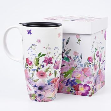 Topadorn 17oz Floral Ceramic Coffee Mug with Lid, Travel Mug with Handle