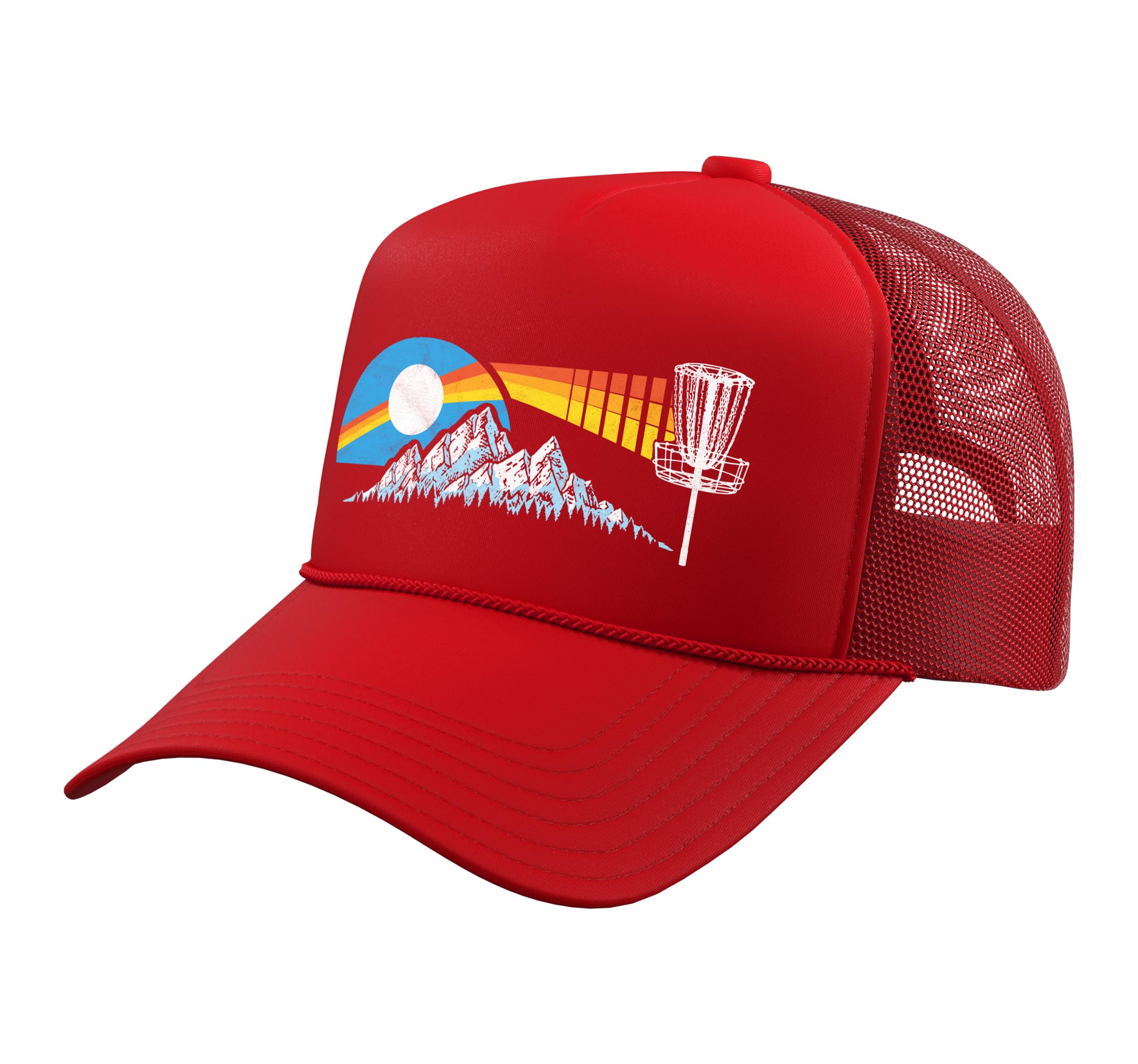 Disc Golf Distressed Mountains & Sun 80s Vintage Trucker Hat with Adjustable Mesh Back