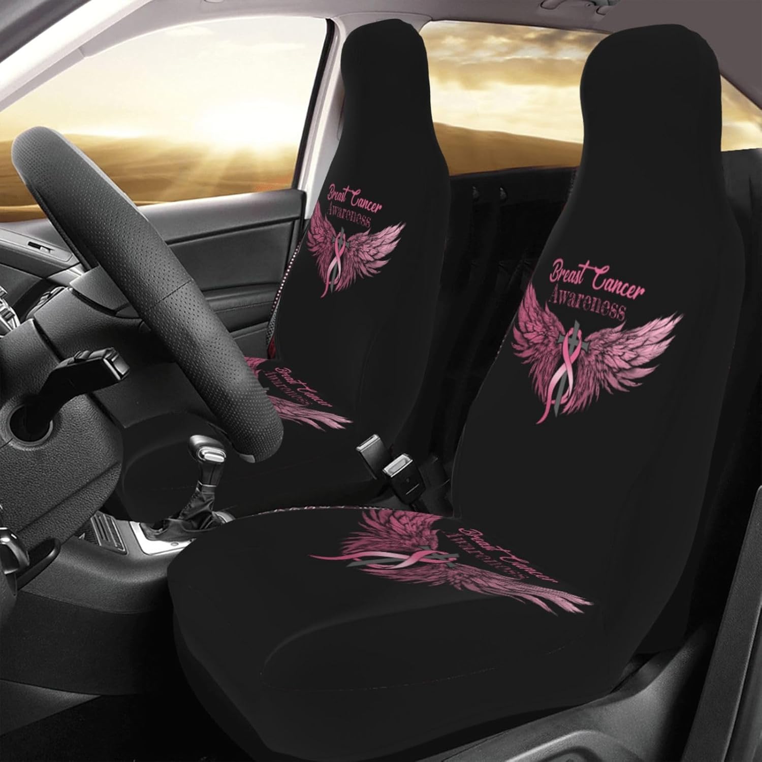 Breast Cancer Awareness Car Seat Cover (Set of 2) Car Front Seat Cover Washable Breathable Vehicle Cushion Protector for Sedan Truck Automotive, SUV, Van