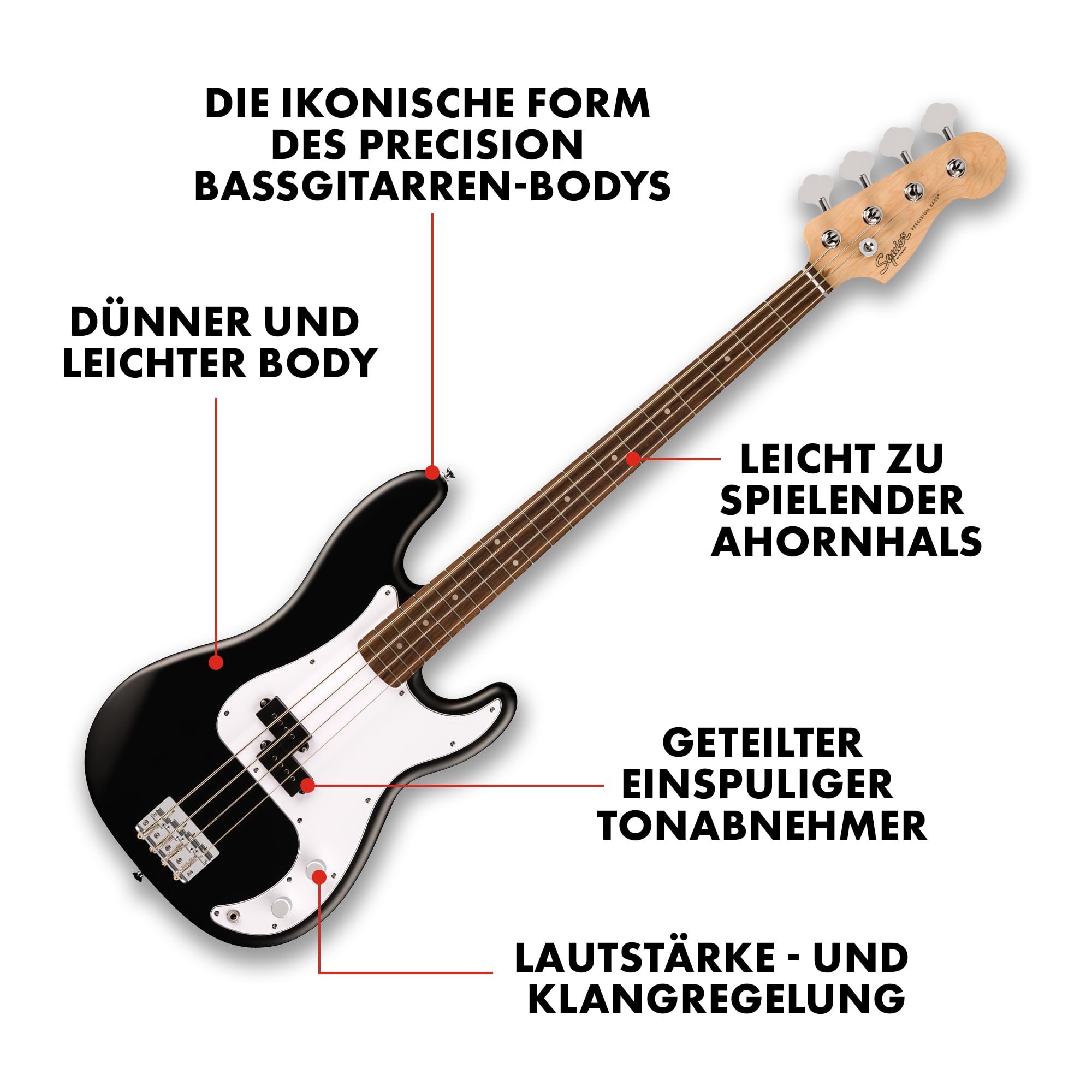 Squier by Fender Debut Collection Precision Bass, Lieferumfang mit Zubehör: - Ständer - Rumble 15 Amp - Gepolstertes Gigbag - Gurt - Bass - 3 m Kabel - FT-1 Stimmgerät