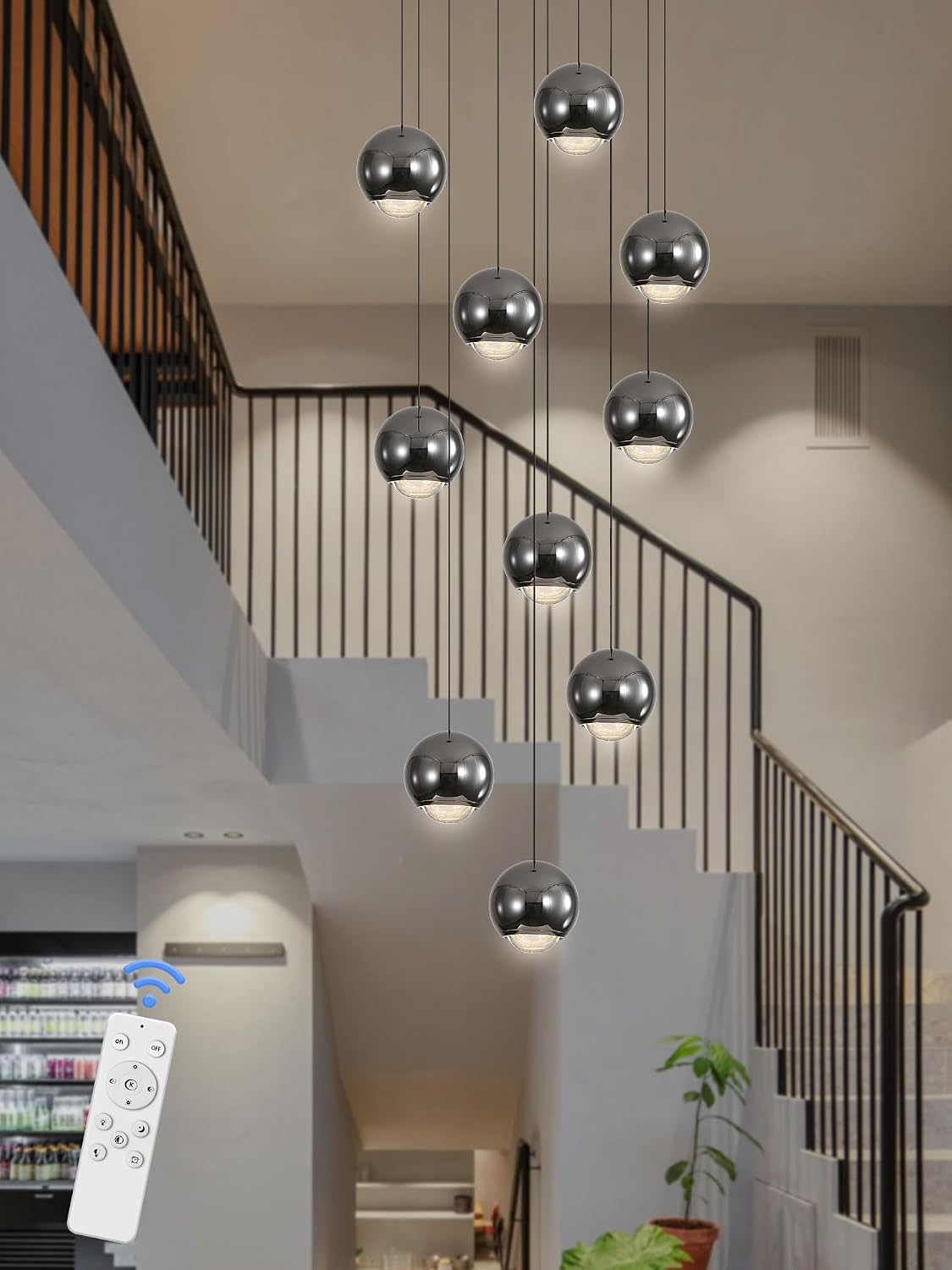 ykolupty 10-Light LED Staircase Black Chandelier Crystal Ceiling Lights Large Chandeliers for High Ceilings, Entryway Modern Lighting Fixture Villas and Stairs
