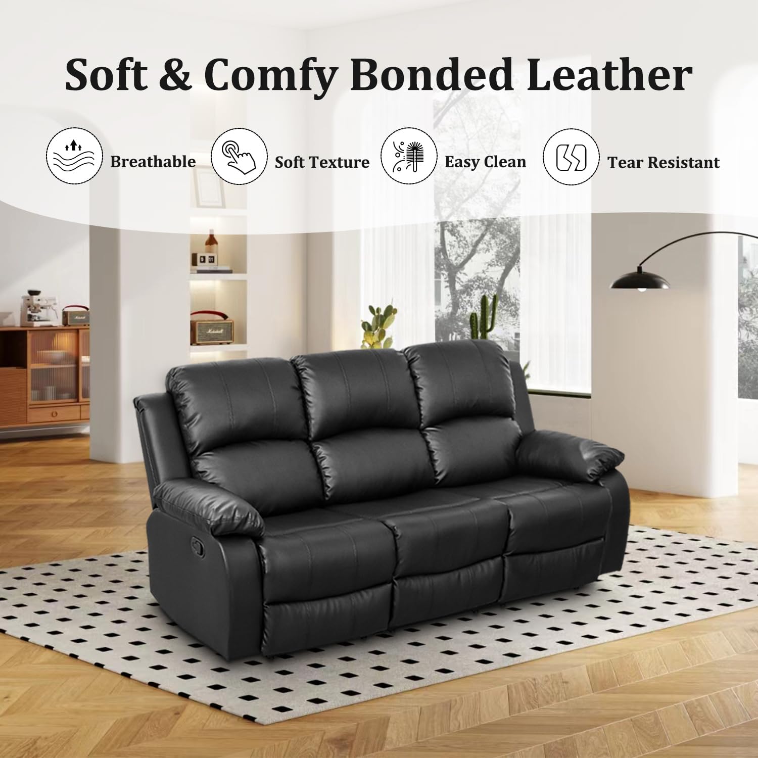 Manual Recliner Sofa Set, Bonded Leather Sofa Set with Recliners, Leather Reclining Couch Set with Storage Concole/CupHolders for Living Room (Black, Sofa+LOVESEAT+Chair)