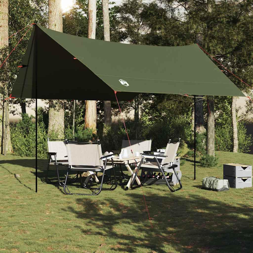 Tarp oliwkowo-zielony 462 x 306 x wodoszczelny namiot kempingowy outdoorowy plandeka namiotowa z torbą do przenoszenia i drążkami do plandekowania na wędrówki, biwak, na festiwal, do magazynu