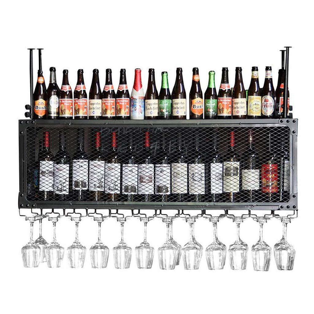 Casier à vin mural en fer noir 60cm avec porte-verre suspendu