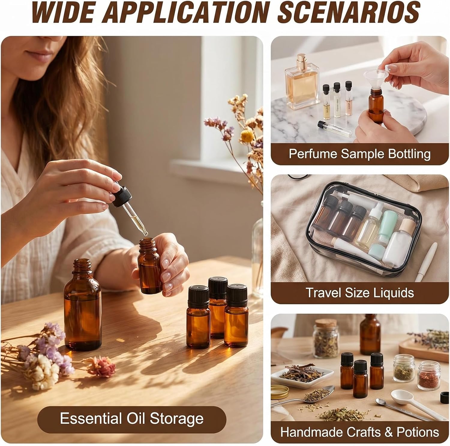 50 Pack 2ml/0.07oz Amber Empty Glass Vials, Mini Travel Sizes Sample Bottles with Screw Caps & Inner Stoppers, Leak Proof Refillable Liquid Containers for Aromatherapy & Perfume