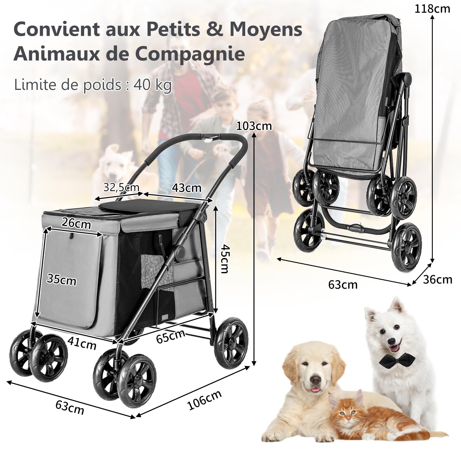 GYMAX Poussette Pliable pour Chien Chat, Transporteur pour Animaux de Compagnie avec 4 Roues et Frein & Portes Avant et Arrière & 3 Poches de Rangement, Charge 40 kg(Gris)