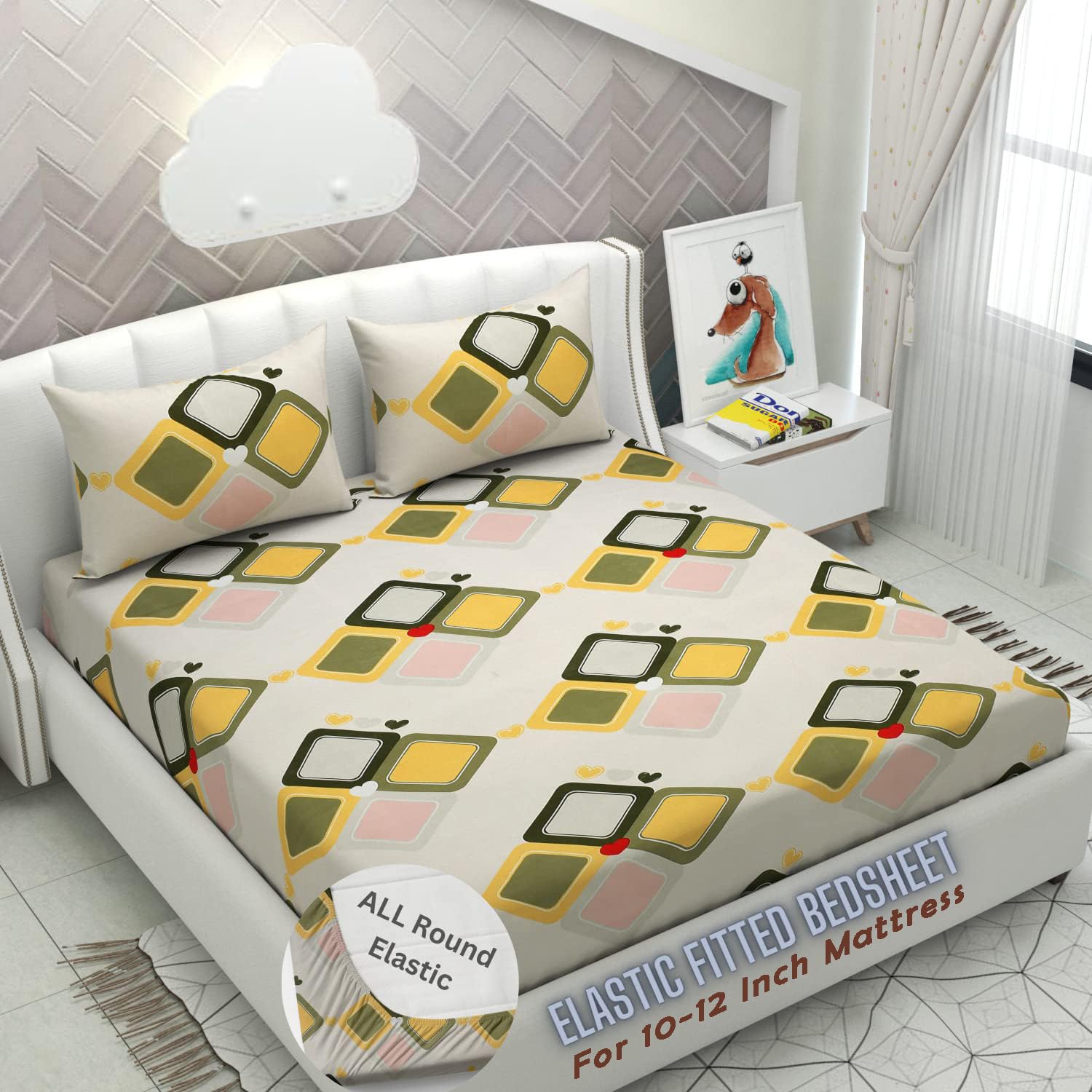 DECOMIZER 300 TC Cotton Feel All Around Elastic Fitted Glace Printed Queen Size Double Bed Bedsheet with 2 Large Pillow Covers Fits Upto Mattress 10 to 12 inches, Size - 60 x 78 x 10", Beige Squares