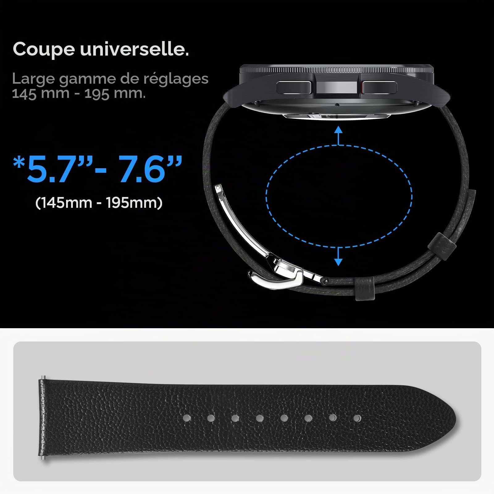 Spigen Enzo Bracelet en Cuir véritable Compatible avec Samsung Galaxy Watch 7 44/40mm, FE 40mm, 6/5/4 44/40mm, Classic 6 47/43mm, 5 Pro 45mm, 4 Classic 46/42mm, 3 41mm, Active 1&2 Bracelet - Noir