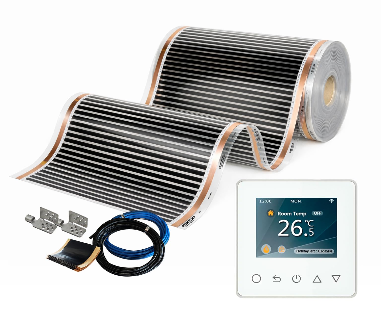 Infrarot Heizfolie CALORIQUE NEO – Elektrische Fußbodenheizung 100 cm, 150 W/m² – Länge 5,0m² – inkl. WLAN Thermostat ET81W – Set für elektrische Fußboden-, Wand- oder Deckenheizung