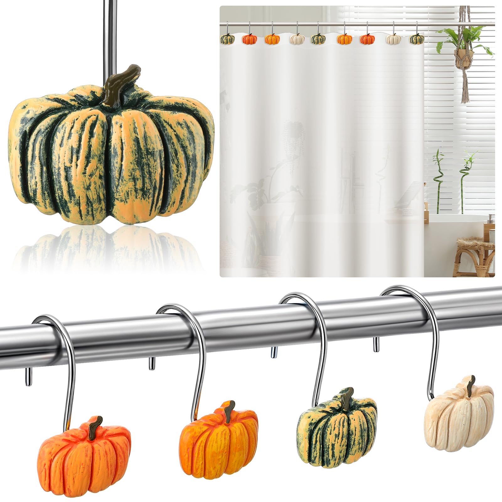 Reallnaive 12 Pcs Pumpkin Shower Curtain Hooks Halloween Thanksgiving Day Fall Shower Curtain Hooks Orange Farmhouse Rustic Rings Hangers for Bathroom Decor(Green)