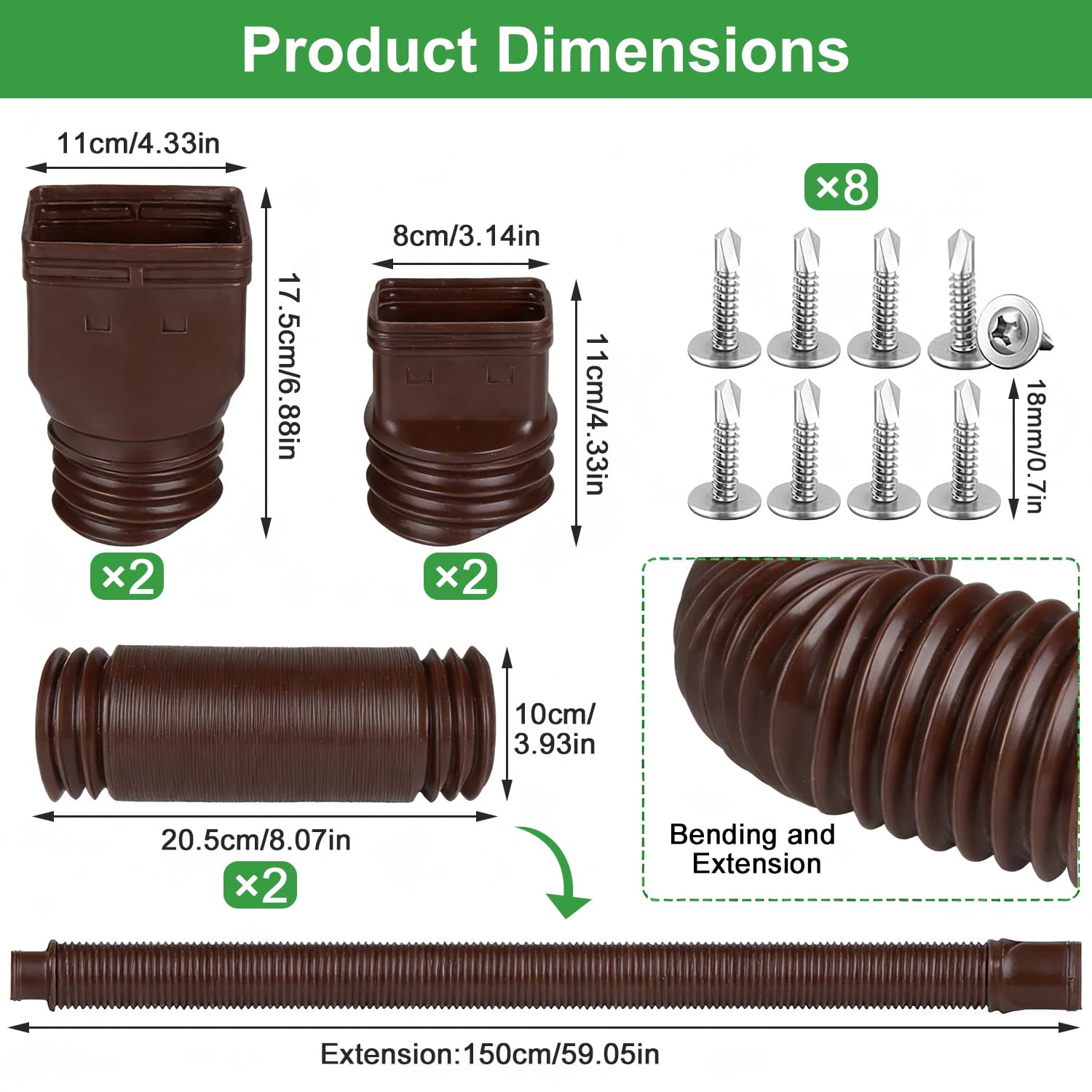 Extensiones de Bajante de Canal de Lluvia Extension de 80/100 mm Alargador Flexible Canalón Canalones y Bajantes Extensor Canalon Retráctil de 47 a 150 cm (Marrone - 2 pezzi)