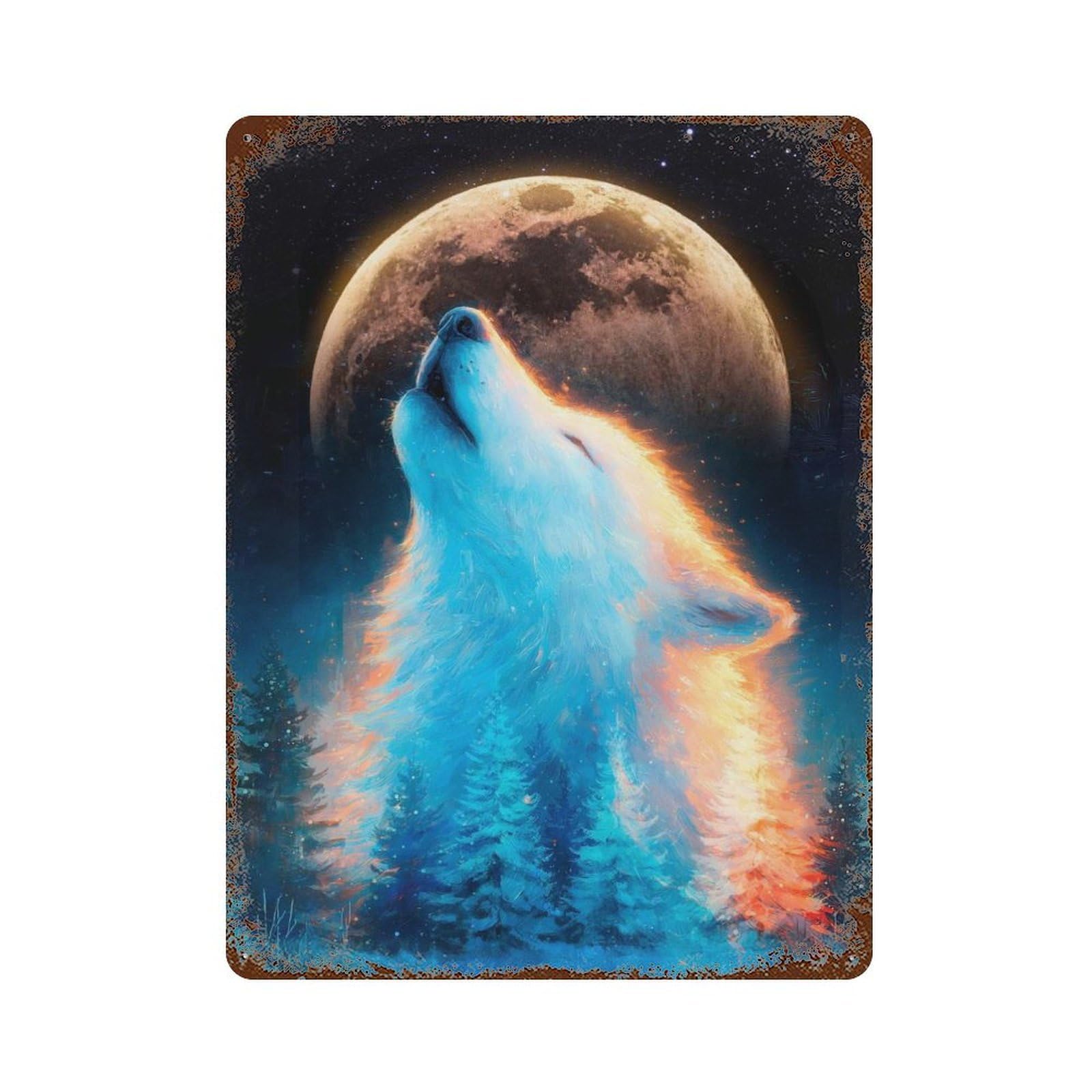 Howling Wolf Under The Moon Decorative Tin Sign 15.7"x11.8", for Bistro, Counter And Cafe Decor, Retro Wall Decor