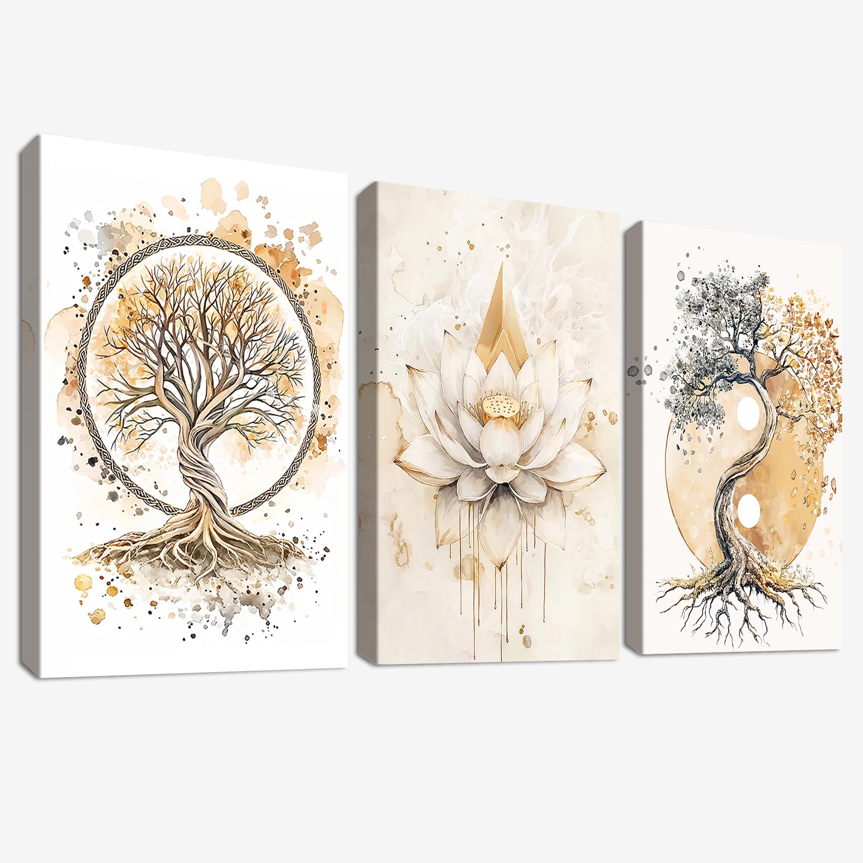3Pcs Mit Rahmen Leinwand Bilder Lebensbaum Yin Yang Bild auf Leinwand Malerei Zen Buddhismus Beige Lotusblume Baum Wandbilder Wohnzimmer Schlafzimmer Badezimmer Wanddeko 150x70cm (20"x28"x3)