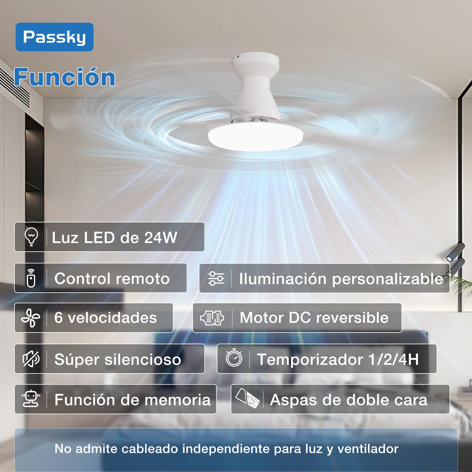 Passky Ventilador de Techo con Luz LED Mando 132cm Silencioso Blanco | 5 Aspas Doble Face Temporizador Motor DC 3 Luces Regulables 6 Velocidades Reversible Verano Invierno Int/Ext Salón Dormitorio