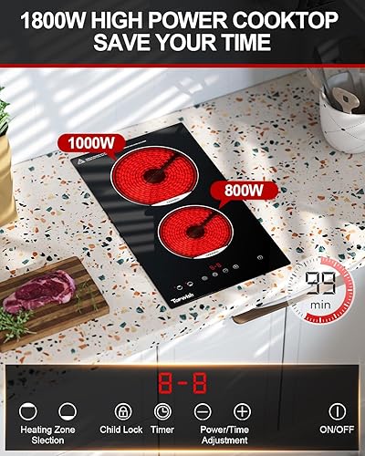 Miniatura 2 de Placa eléctrica de 2 quemadores, estufa de cerámica integrada de 12 pulgadas, estufa eléctrica de 120 V con bloqueo para niños, temporizador,