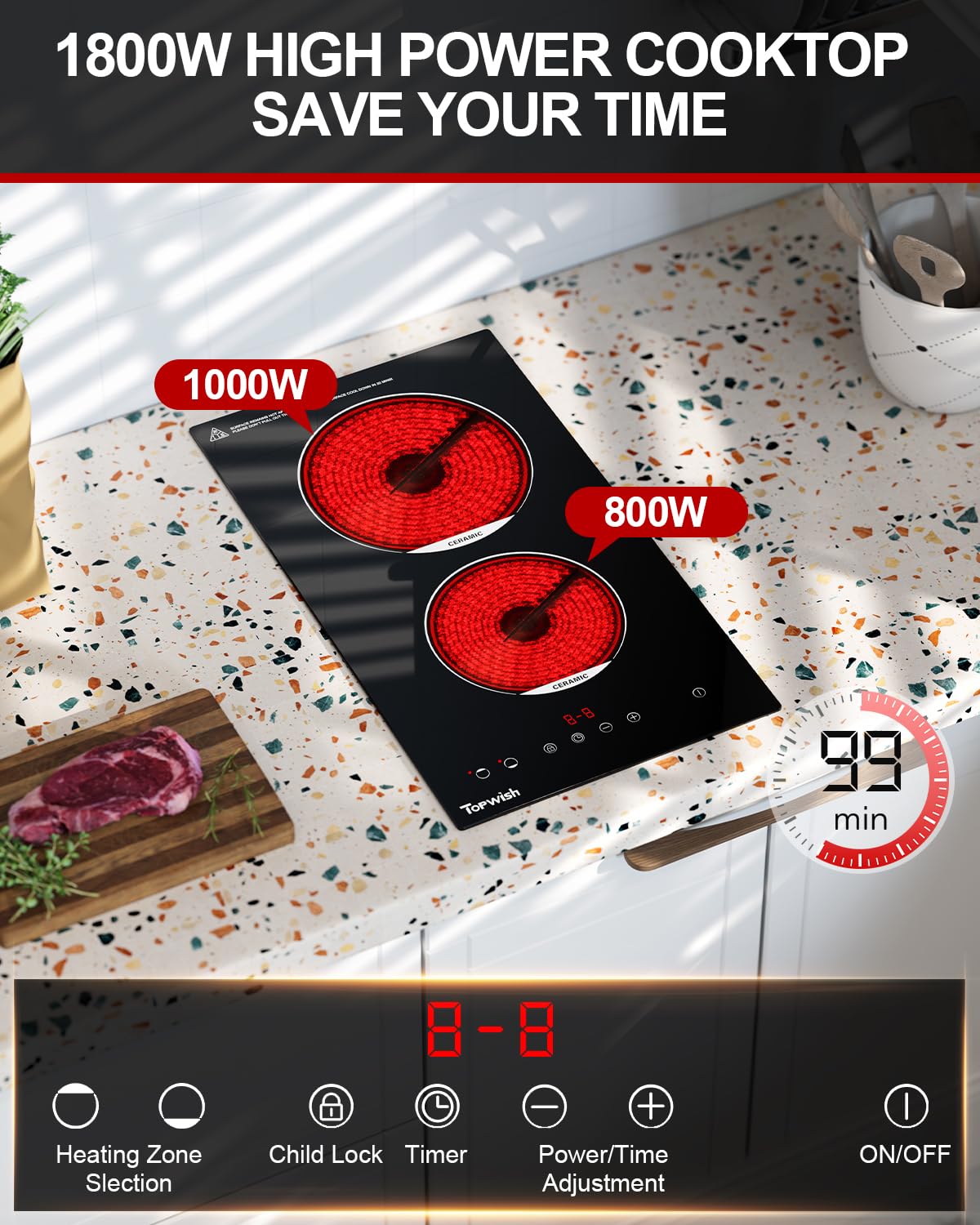 TOPWISH 2 Burners Electric Cooktop, 12 Inch Built-in Ceramic Cooktop, 120v Plug in Electric Stove Top with Child Lock, Timer, Over-Temperature Protection, Sensor Touch Control